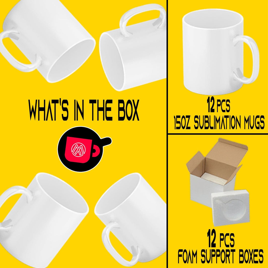 Mugsie | Case of 12 15oz Sublimation Mugs with Gift Mug Box. Mugs - Cardboard Box with Foam Supports
