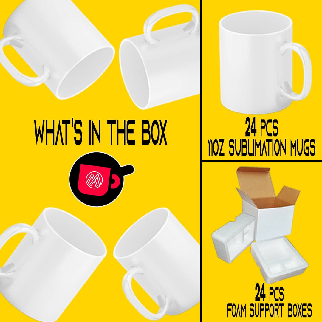Case of 24 11oz White Sublimation Mugs - Includes Foam Supports and Mug Shipping Boxes.