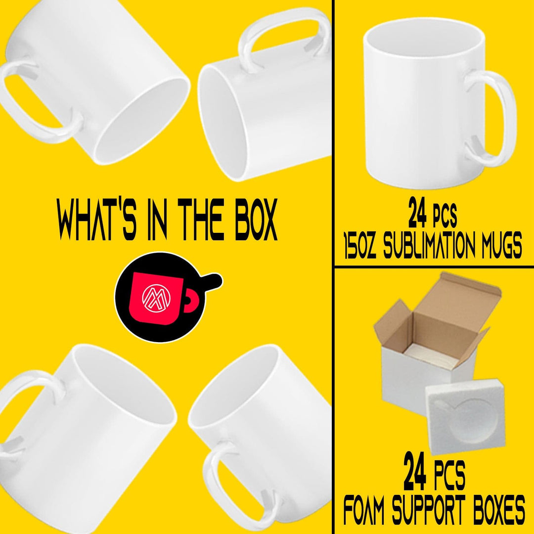 Mugsie | 24 Pcs 15oz Sublimation Mugs with Gift Mug Box. Mugs - Cardboard Box with Foam Supports