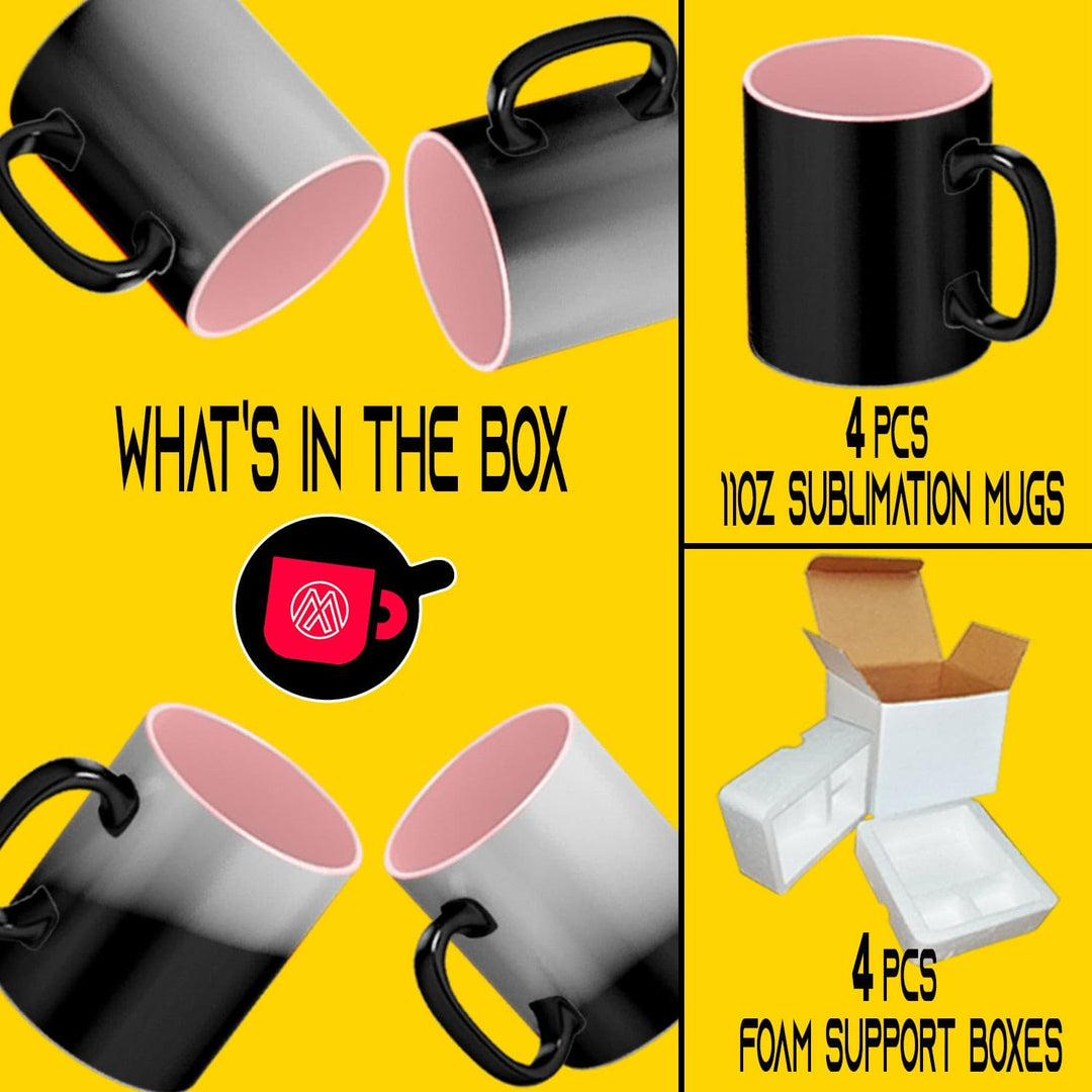 Color Changing Mug Set - 4 Pack (11oz) | Pink Inside | Individually Packaged in Foam Support Boxes.