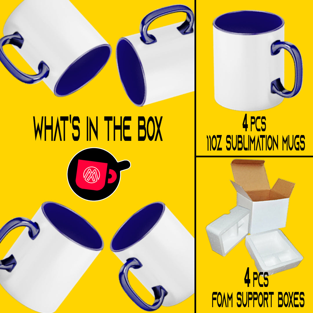 4-Pack 11 oz. Dark Blue Inside & Handle Sublimation Mugs | Includes Foam Support Shipping Boxes.