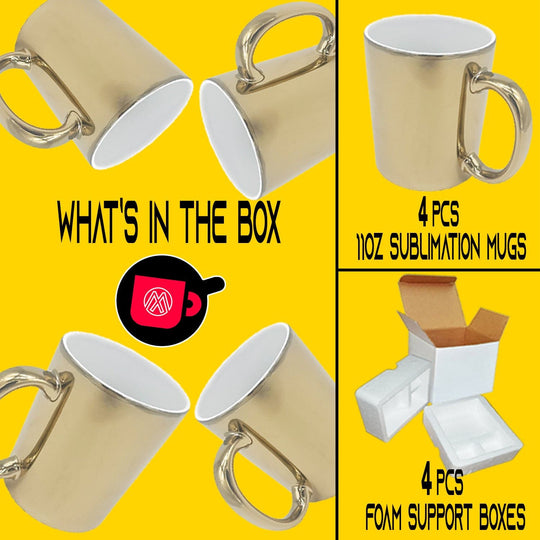 Metallic Gold Sublimation Mugs - 4 Pack (11oz) | Professional-Grade Sublimation Mug | Individually Packaged in Foam Boxes.