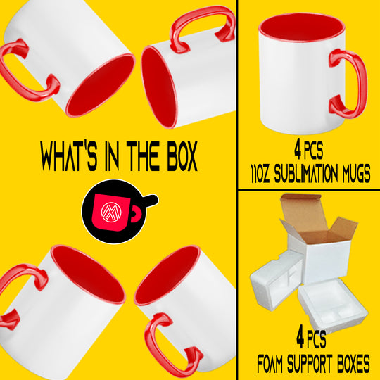 4-Piece Set: 11oz Red Inside & Handle Sublimation Mugs | Foam Support & Mug Shipping Boxes Included.