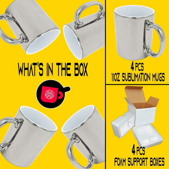 Set of 4 - 11oz Metallic Silver Ceramic Sublimation Mug - Included Foam Support Shipping Boxes.