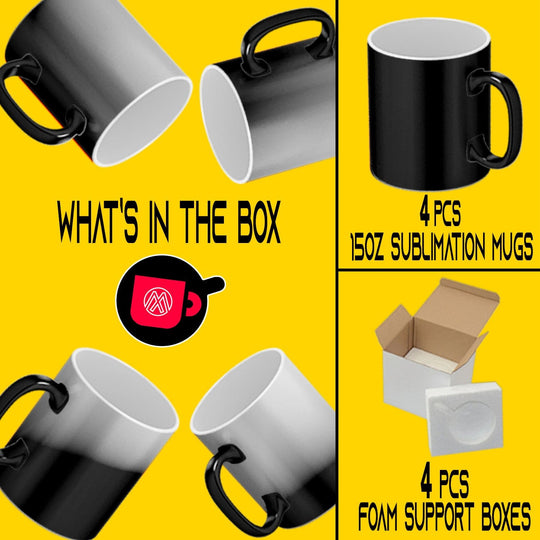 El Grande Color Changing Sublimation Mugs - 4-Pack (15oz) | Included Foam Support Mug Shipping Boxes.