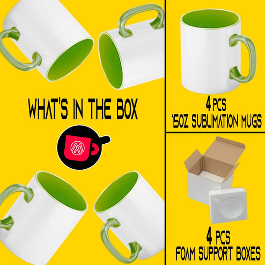 4-Pack 15oz Light Green Inside Handle Sublimation Mugs | Foam Shipping Box Included.