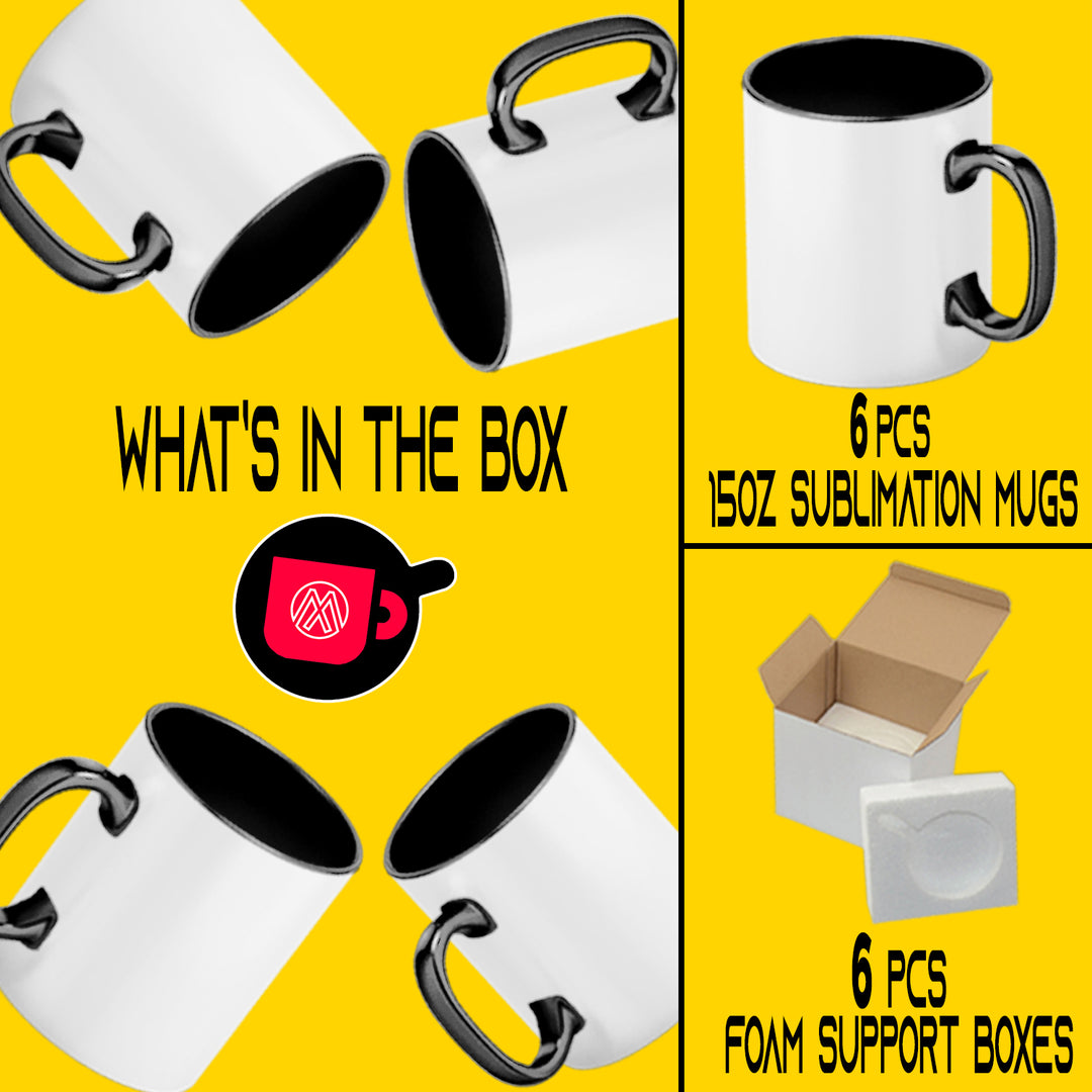 6-Pack El Grande 15 oz. Black Inside & Handle Sublimation Mugs with Foam Support Boxes.
