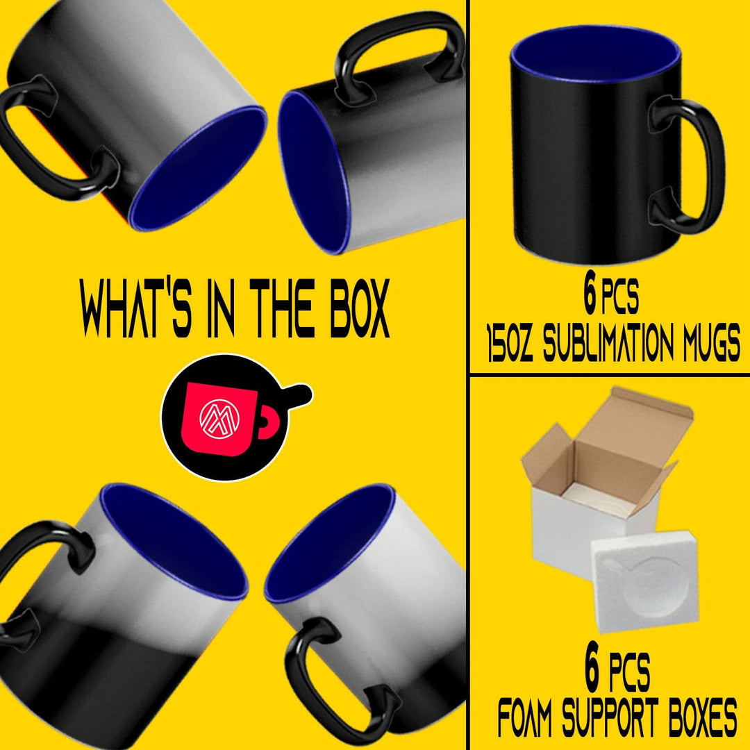 Sublimation Color Changing Mug Set - 6 Pack (15oz) | Blue Interior | Individually Packaged In Foam Box.