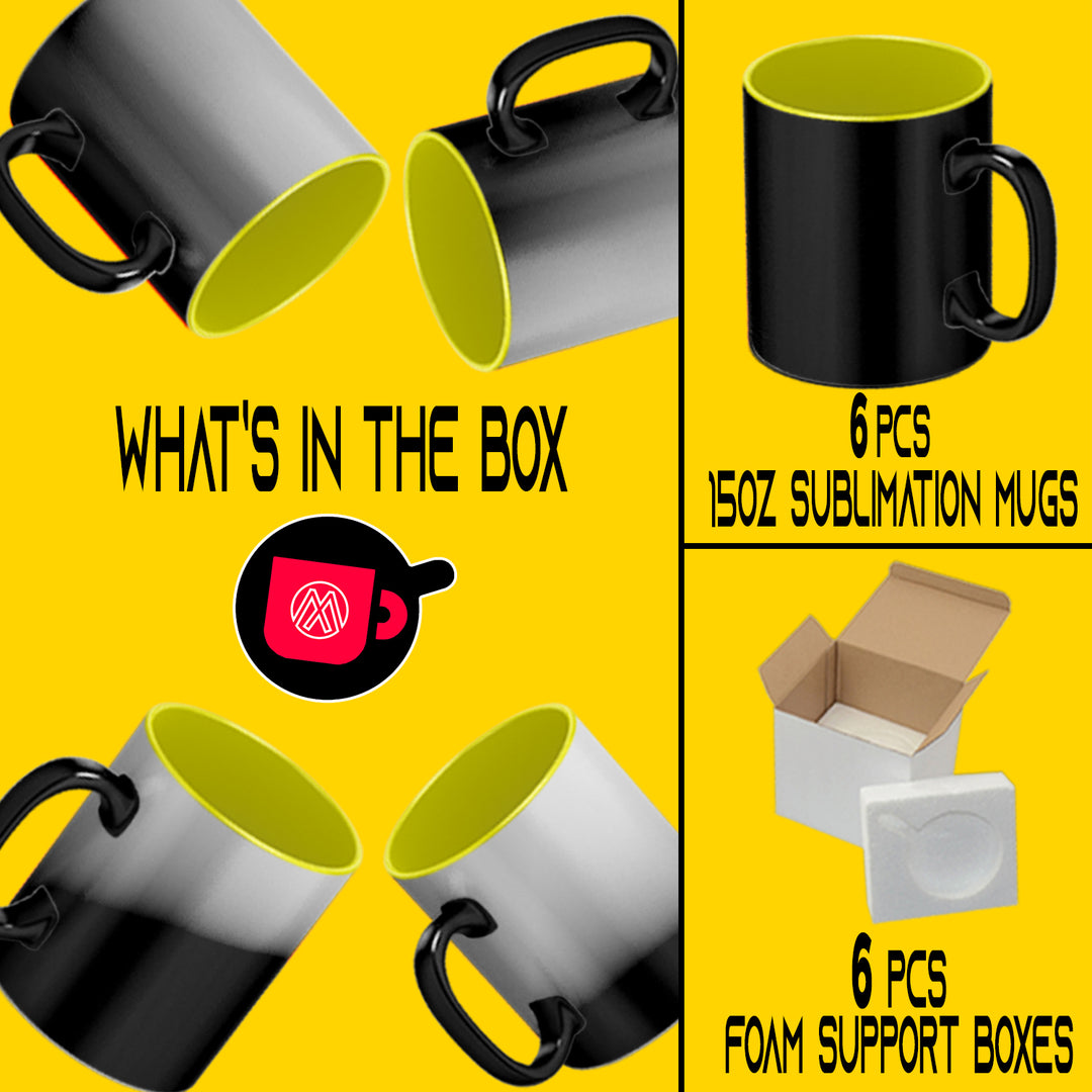 6-Pack 15oz Color Changing Sublimation Mugs with Yellow Interior - Includes Foam Support Mug Shipping Boxes | Perfect for Custom Printing.