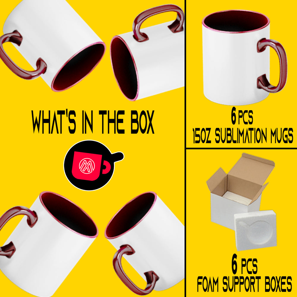 Set of 6 15oz El Grande Dark Red Sublimation Mugs with Foam Support Mug Shipping Boxes".