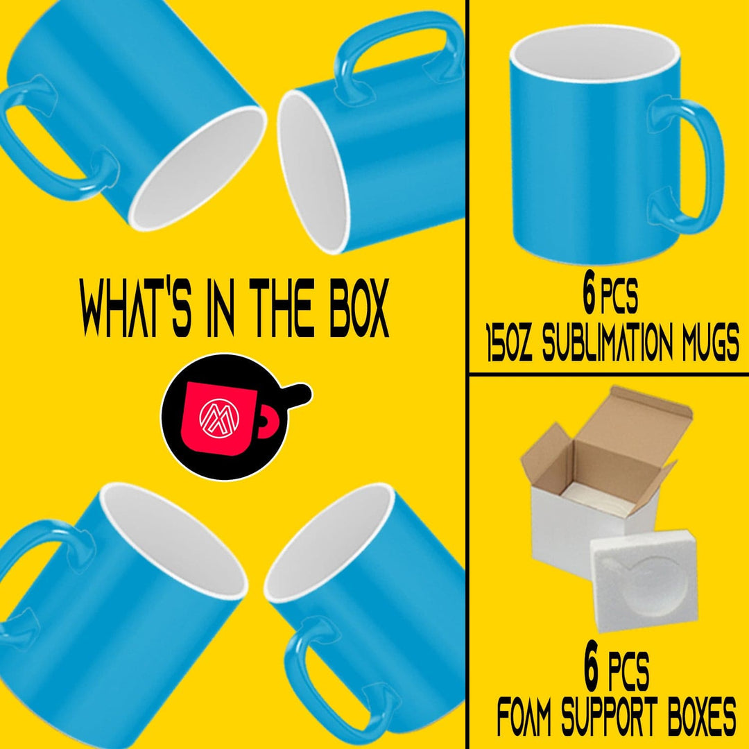 Blue Fluorescent Neon Sublimation Mugs - 6 Pack (15oz) | Foam Support Shipping Boxes Included.