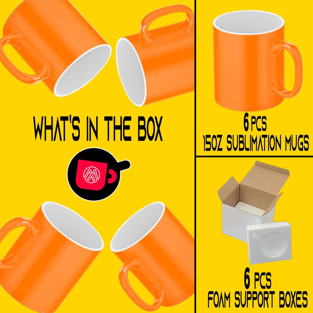 6-Pack 15oz Orange Fluorescent Neon Sublimation Mugs with Foam Mug Shipping Boxes.