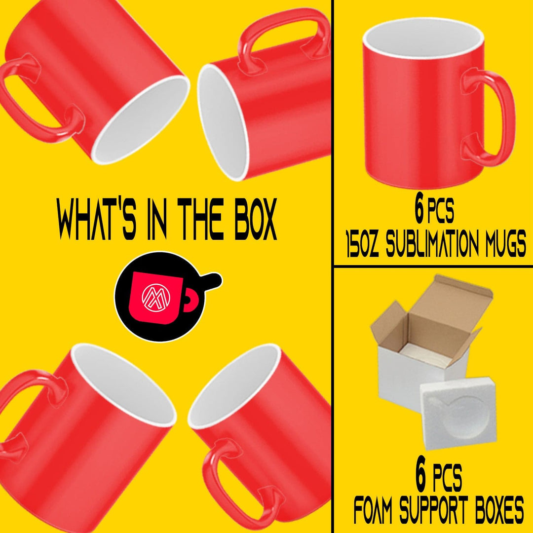 6-Pack 15oz Red Fluorescent Neon Sublimation Mugs with Foam Shipping Boxes.