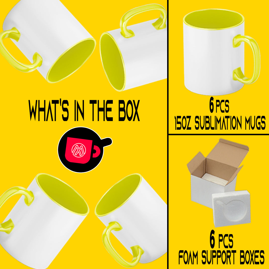 6-Piece Set of 15oz El Grande Yellow Inside & Handle Sublimation Mugs with Foam Support and Shipping Boxes.