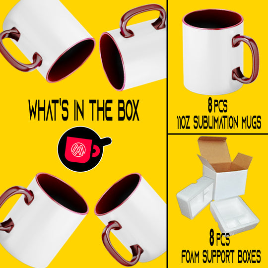 8-Piece Set of 11oz Dark Red Sublimation Mugs with Foam Support Boxes.