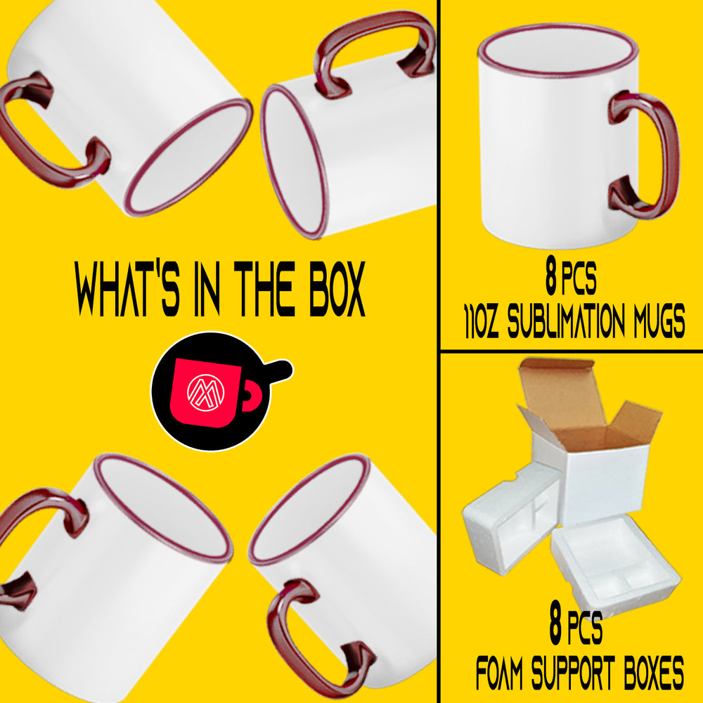 8-Piece Set of 11oz Dark Red Rim & Handle Sublimation Mugs with Foam Support Shipping Boxes | Premium Quality.