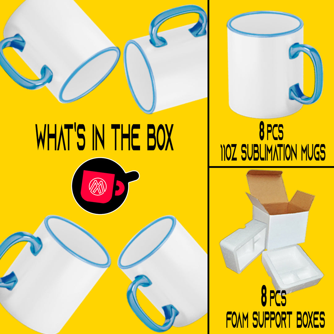 Set of 8 Sublimation Mugs with Light Blue Rim & Handle, 11oz, Complete with Foam Support and Shipping Boxes.