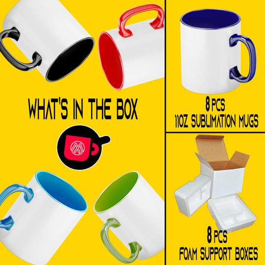 Set of 8 Sublimation Mugs with Mixed Color Inner & Handle (11 oz) - Includes Foam Support Mug Shipping Boxes.