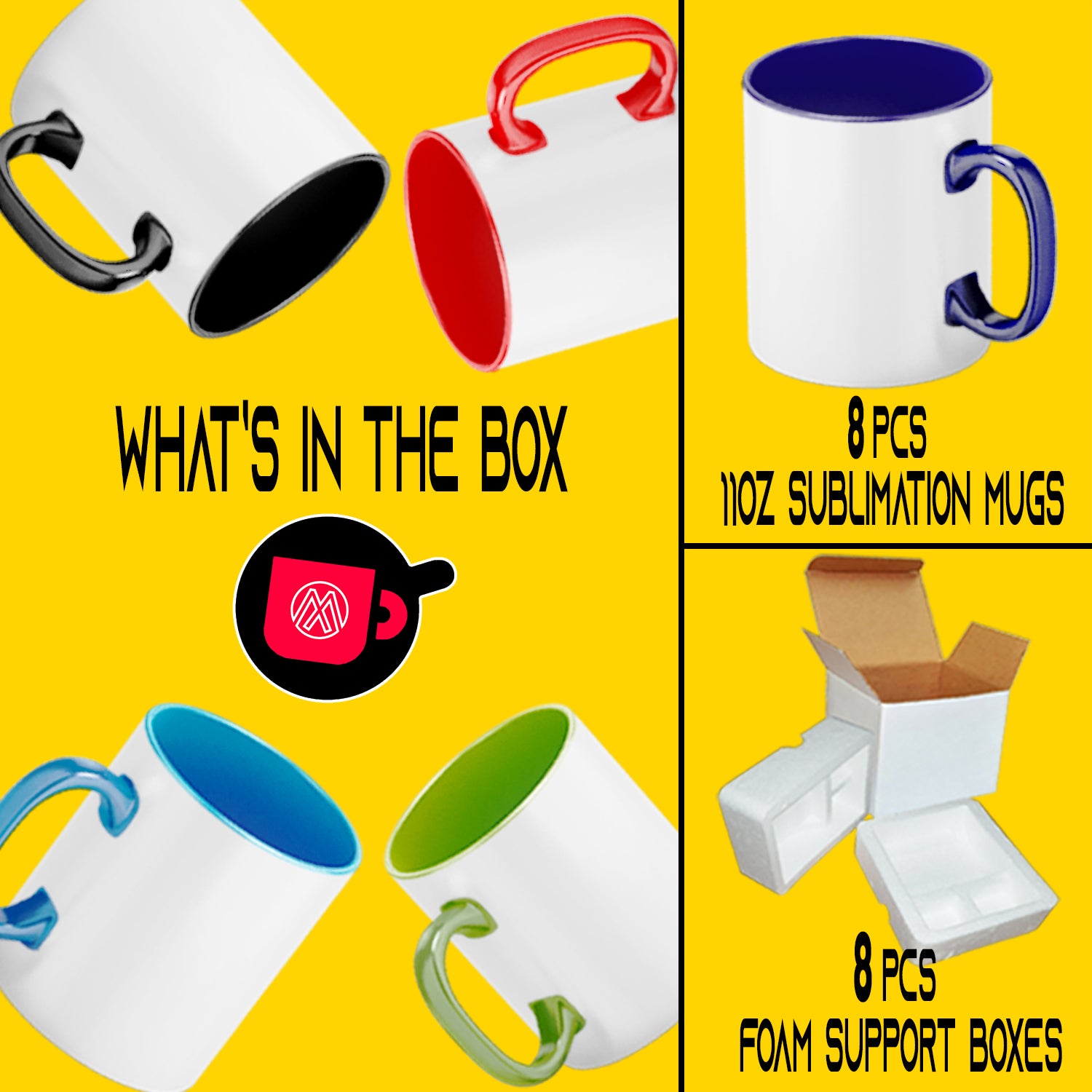 6 PACK 11OZ MIXED COLORS Fluorescent / Neon Sublimation Mugs with Foam  Supports Cardboard Boxes