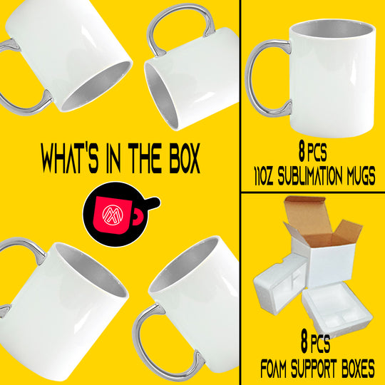 8-Pack of 11 oz Silver Inner and Handle Ceramic Sublimation Mugs - Includes Foam Supports Mug Shipping Box.