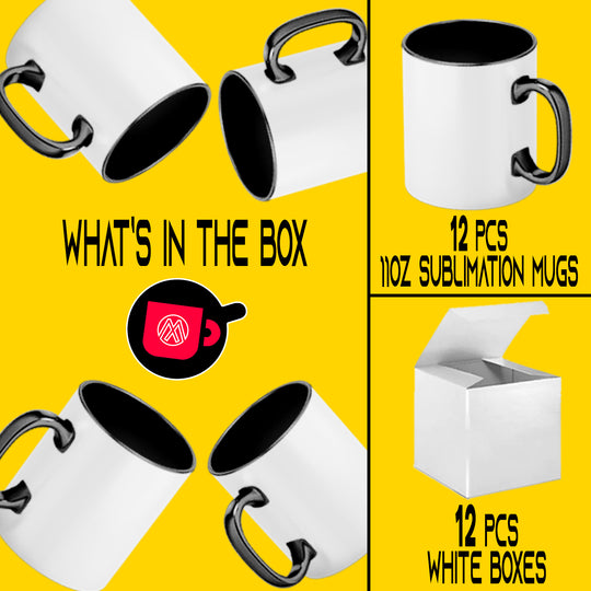 12-Piece Set of 11oz Black Inner & Handle Sublimation Mugs with Individual White Boxes.