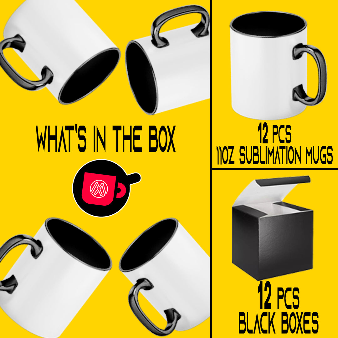 12-Pack 11oz Black Inner & Handle Sublimation Mugs with Individual Black Boxes.