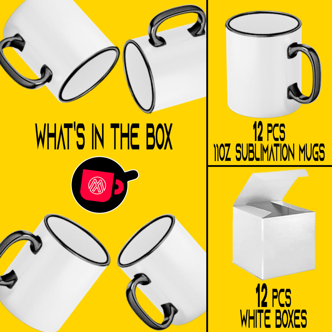Mugsie | 12 Pcs 11oz Black Rim & Handle Sublimation Mugs with Individual White Boxes