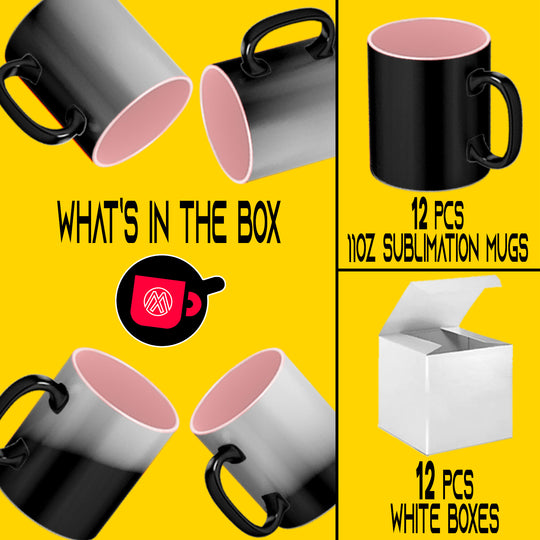 12 Pack of 11oz Color Changing Mugs - Pink Inner - Professional Grade Sublimation Mug with Individual White Gift Boxes.