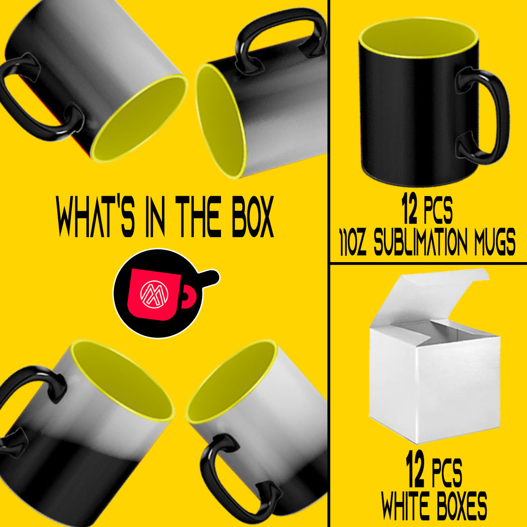 12-Pack 11oz Yellow Inner/Handle Color Changing Mugs - Professional Grade Sublimation Mug with Included White Gift Boxes.