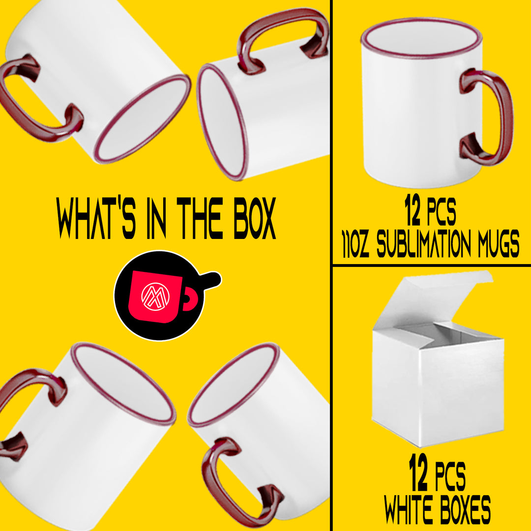 12 Pcs 11OZ Dark Red Rim & Handle Sublimation Mugs with White Gift Boxes.