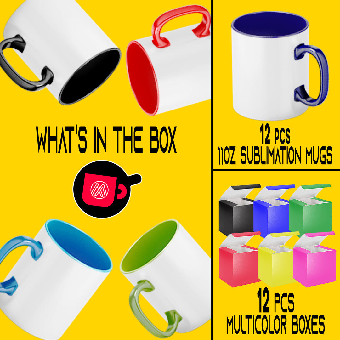 12-Pack of 11 oz. Mixed Inner & Handle Sublimation Ceramic Mugs with Individual Colorful Boxes.