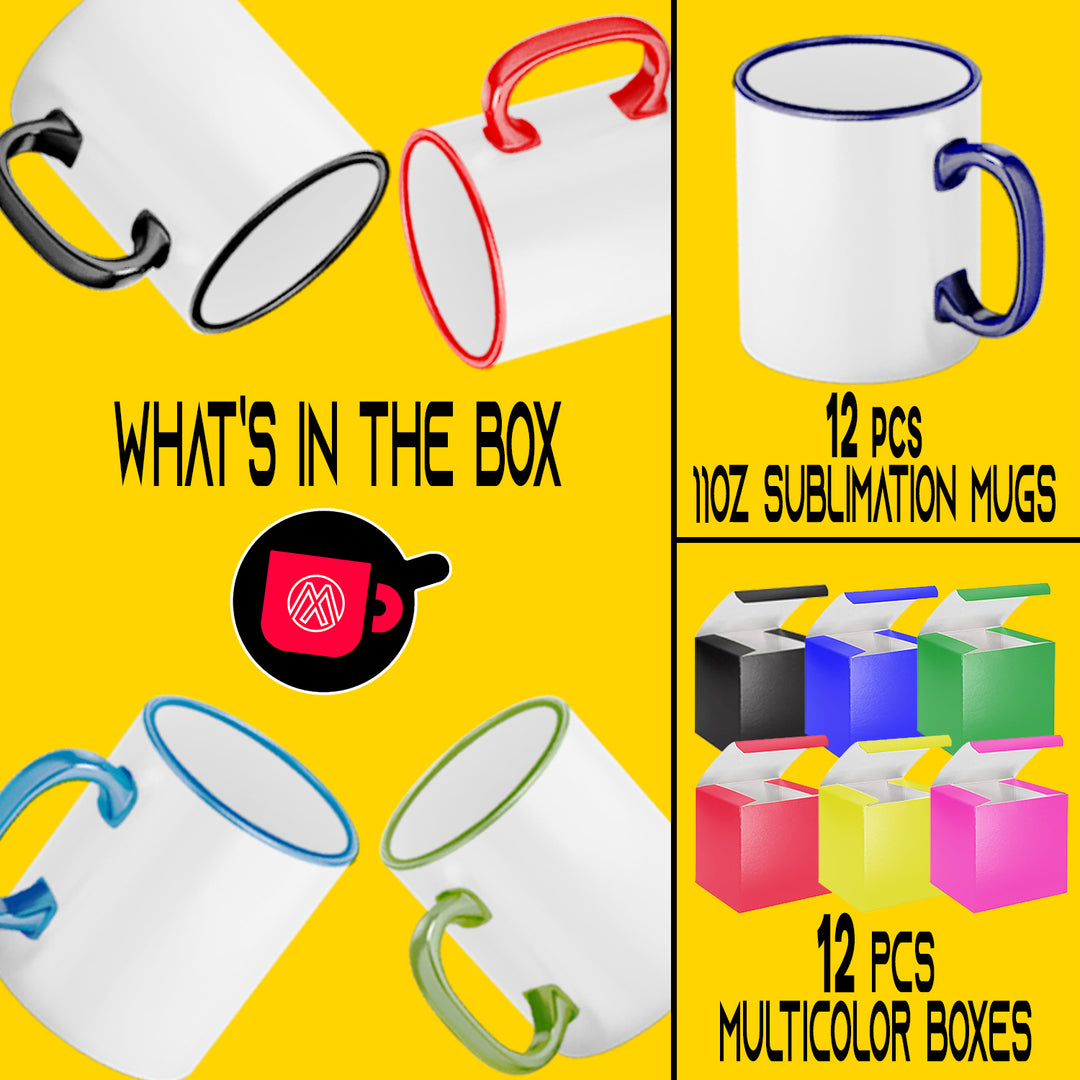 12-Pack 11 oz Mixed Rim & Handle Sublimation Mug Coated Ceramic Mugs - Included Mixed Color Gift Boxes.