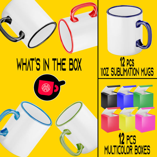 12-Pack 11 oz Mixed Rim & Handle Sublimation Mug Coated Ceramic Mugs - Included Mixed Color Gift Boxes.