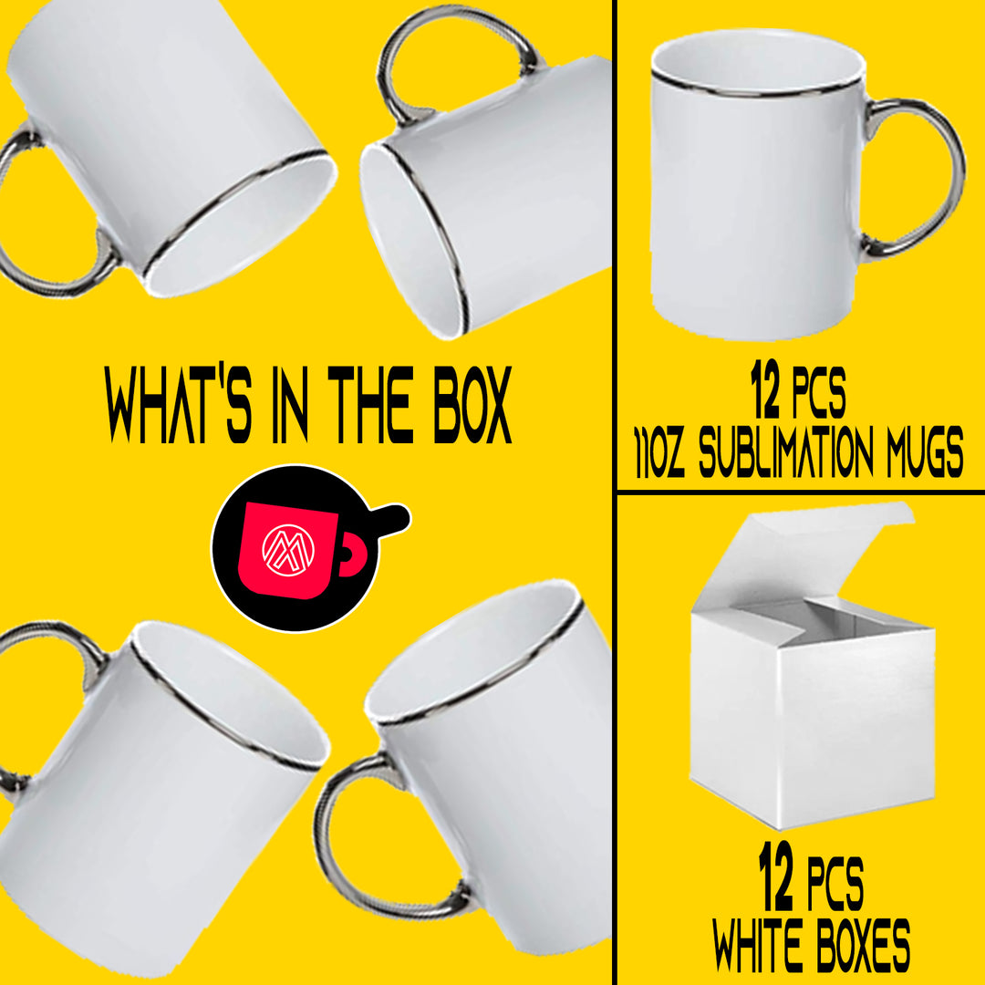 12-Pack of 11 oz. Silver Rim & Handle Ceramic Sublimation Mugs - Includes White Gift Boxes.