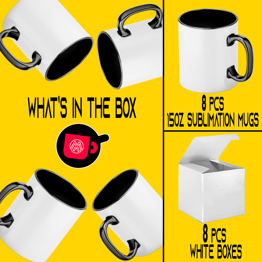8-Pack 15oz El Grande Black Inside & Handle Sublimation Mugs with Foam Support Shipping Boxes.