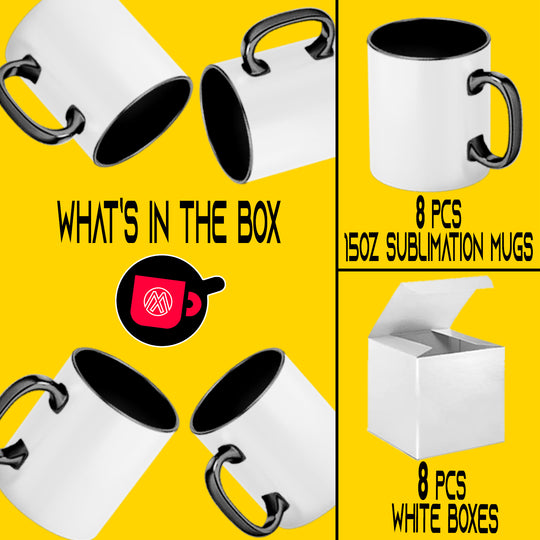 8-Pack 15oz El Grande Black Inside & Handle Sublimation Mugs with Foam Support Shipping Boxes.