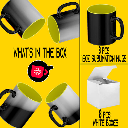 8-Pack of Sublimation Color Changing Mugs (15oz) | Yellow Interior | Includes White Gift Boxes.