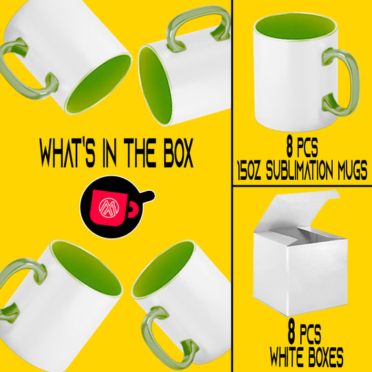 Set of 8 15 oz. El Grande Light Green Sublimation Mugs with Foam Support Mug Shipping Boxes.