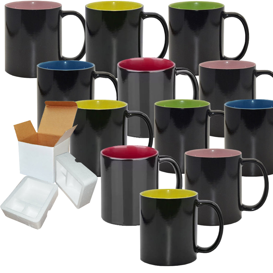 12 Pack Color Changing Sublimation Mugs - 11oz Mixed Inner Colors - Foam Supports Mug Shipping Boxes.