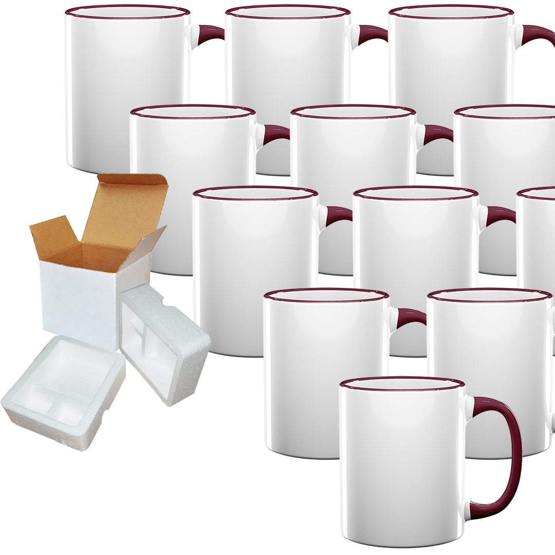 12-Piece Set: 11oz Dark Red Rim & Handle Sublimation Mugs with Foam Support Mug Shipping Boxes.