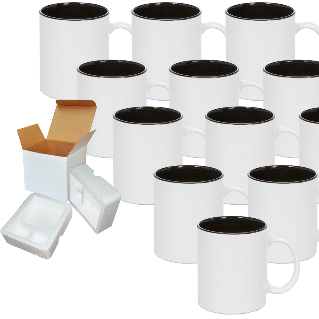 12-Pack 11oz Black Two Tone Ceramic Sublimation Coffee Mugs - Foam Support Shipping Boxes Included.