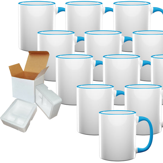 12-Pack of 11oz Light Blue Rim & Handle Sublimation Mugs with Foam Support Mug Shipping Boxes.
