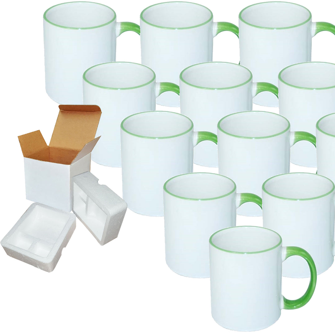 12-Pack of 11oz Light Green Rim & Handle Sublimation Mugs with Foam Support Mug Shipping Boxes.