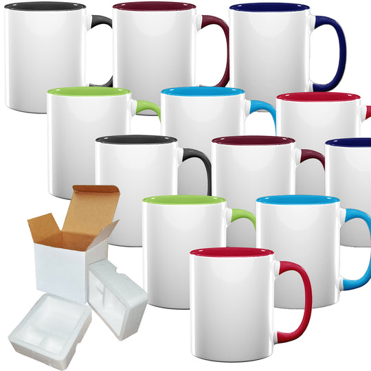 Case of 12: 11 oz Mixed Colors Ceramic Sublimation Coffee Mugs with Inside Handle - Foam Supports Mug Shipping Boxes.