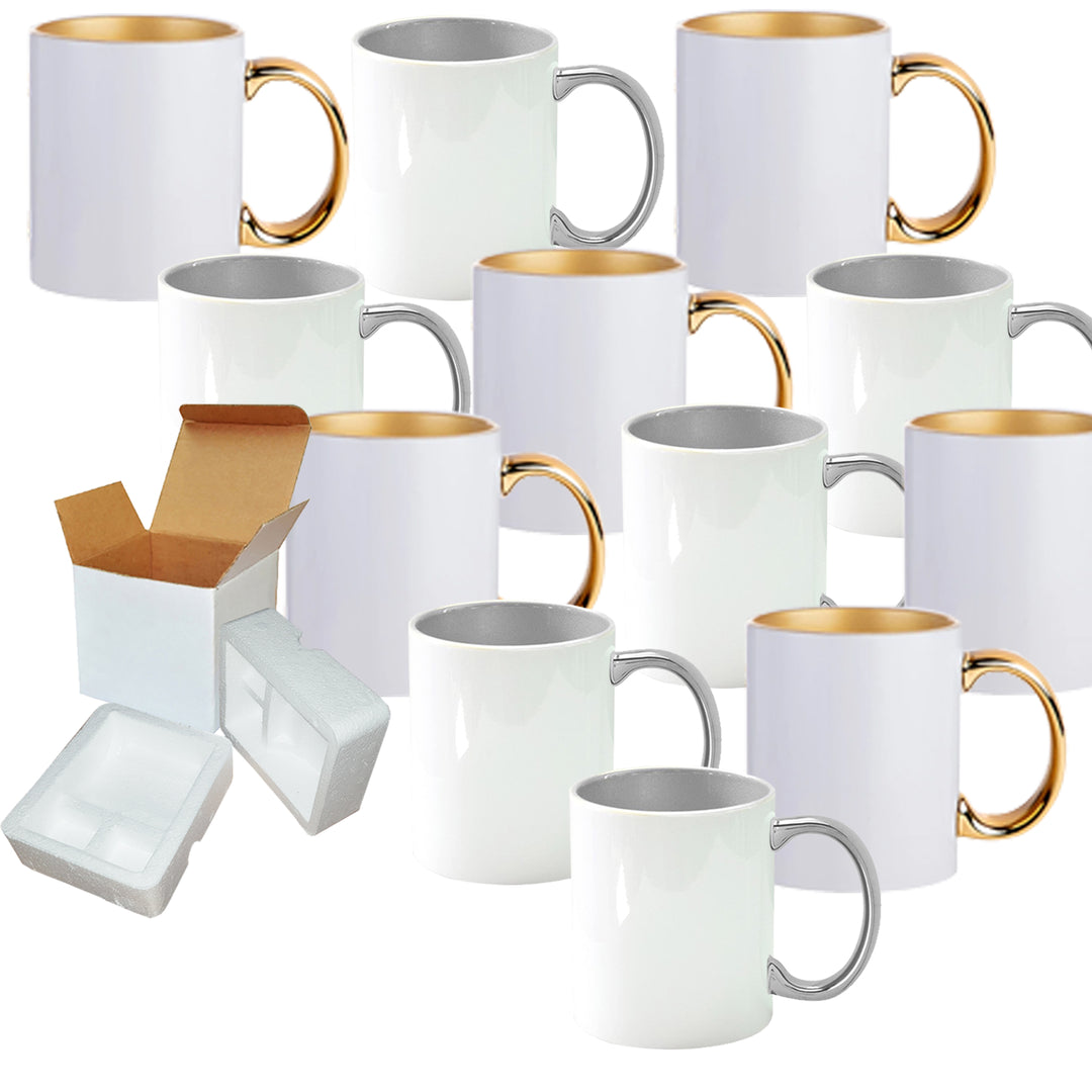 12-Pack of 11 oz. Silver & Gold Inner and Handle Ceramic Sublimation Mugs - Includes Foam Support Mug Shipping Boxes.