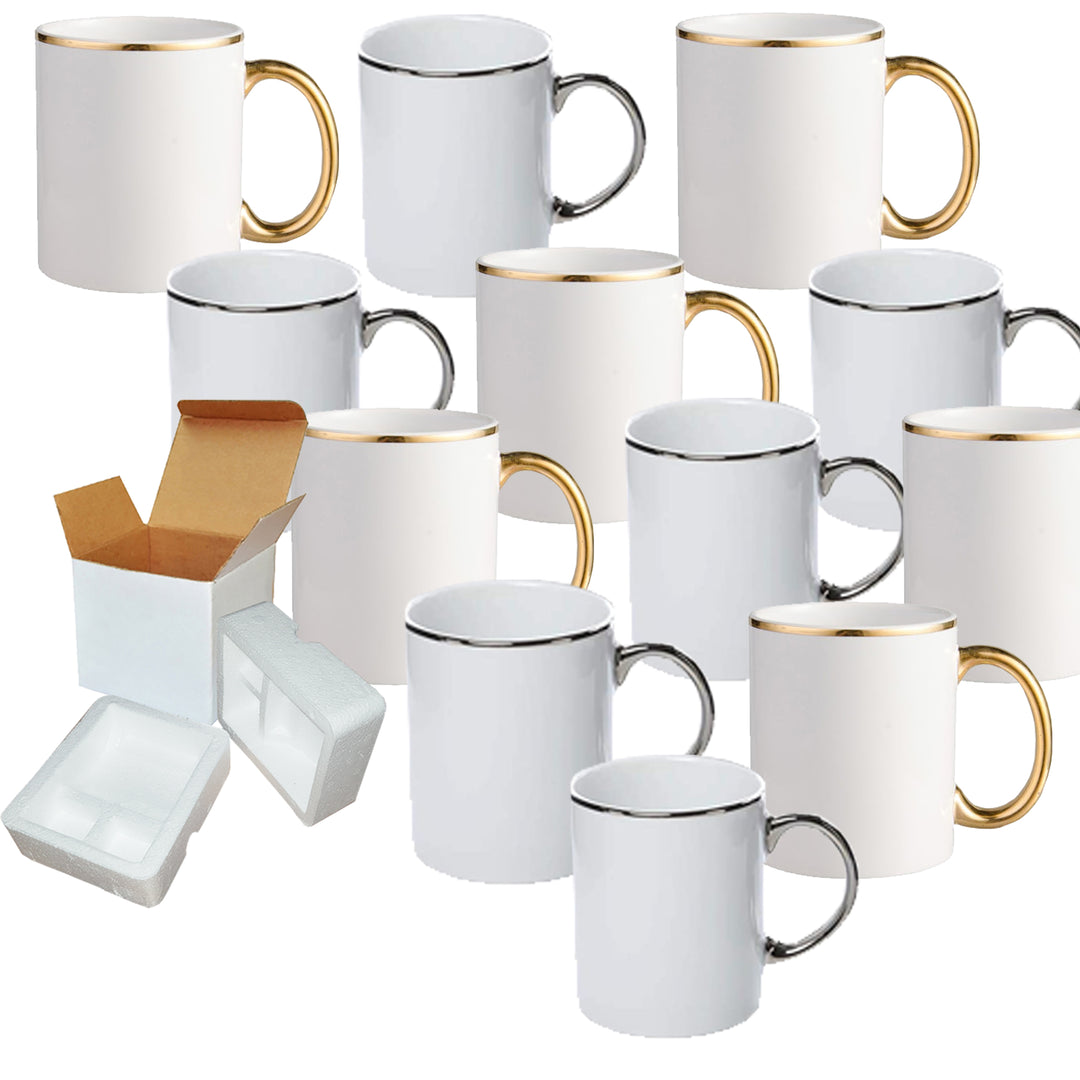 12-Pack of 11oz Mixed Gold & Silver Rim & Handle Sublimation Ceramic Mugs - Includes Mug Shipping Box with Foam Supports.