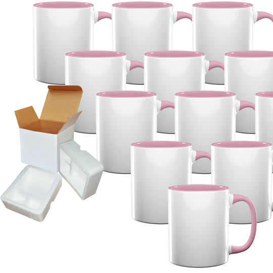 12-Pack of 11oz Pink Inside & Handle Sublimation Mugs with Foam Support Boxes for Shipping.