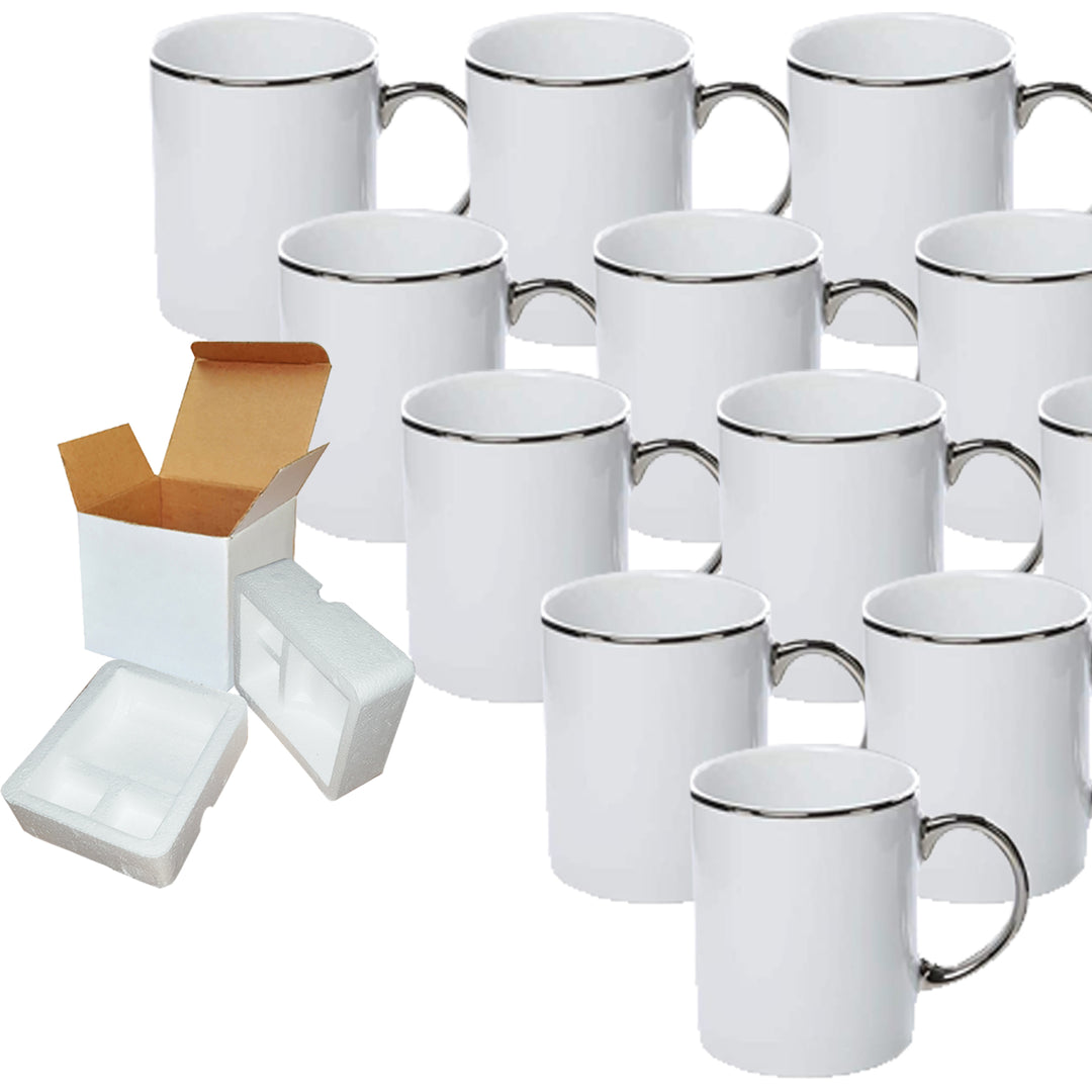 12-Pack of 11 oz. SILVER Rim and Handle Ceramic Sublimation Mugs - Includes Foam Supports for Mug Shipping Boxes.