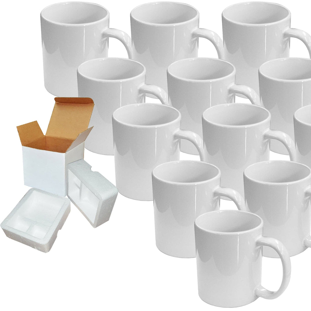 Case of 12 11oz Sublimation Coffee Mugs - Includes Foam Supports & Mug Shipping Boxes.