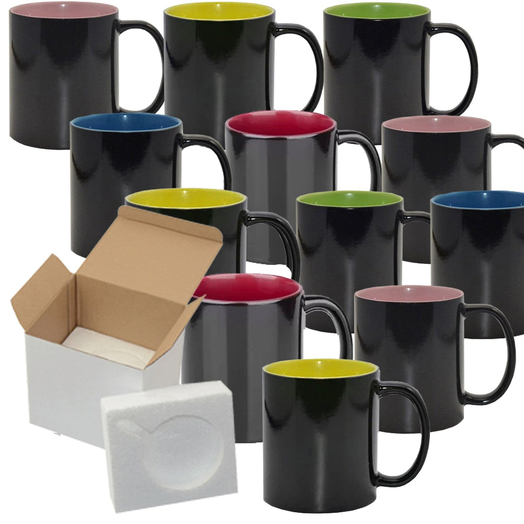 12-Pack of 15oz Mixed Inner Colors Color Changing Sublimation Mugs | Includes Foam Support Mug Shipping Boxes.